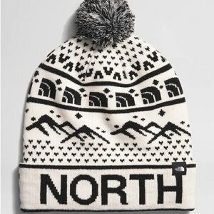 NORTH FACE Fair Isle Pom Beanie – Black & White – Good Condition